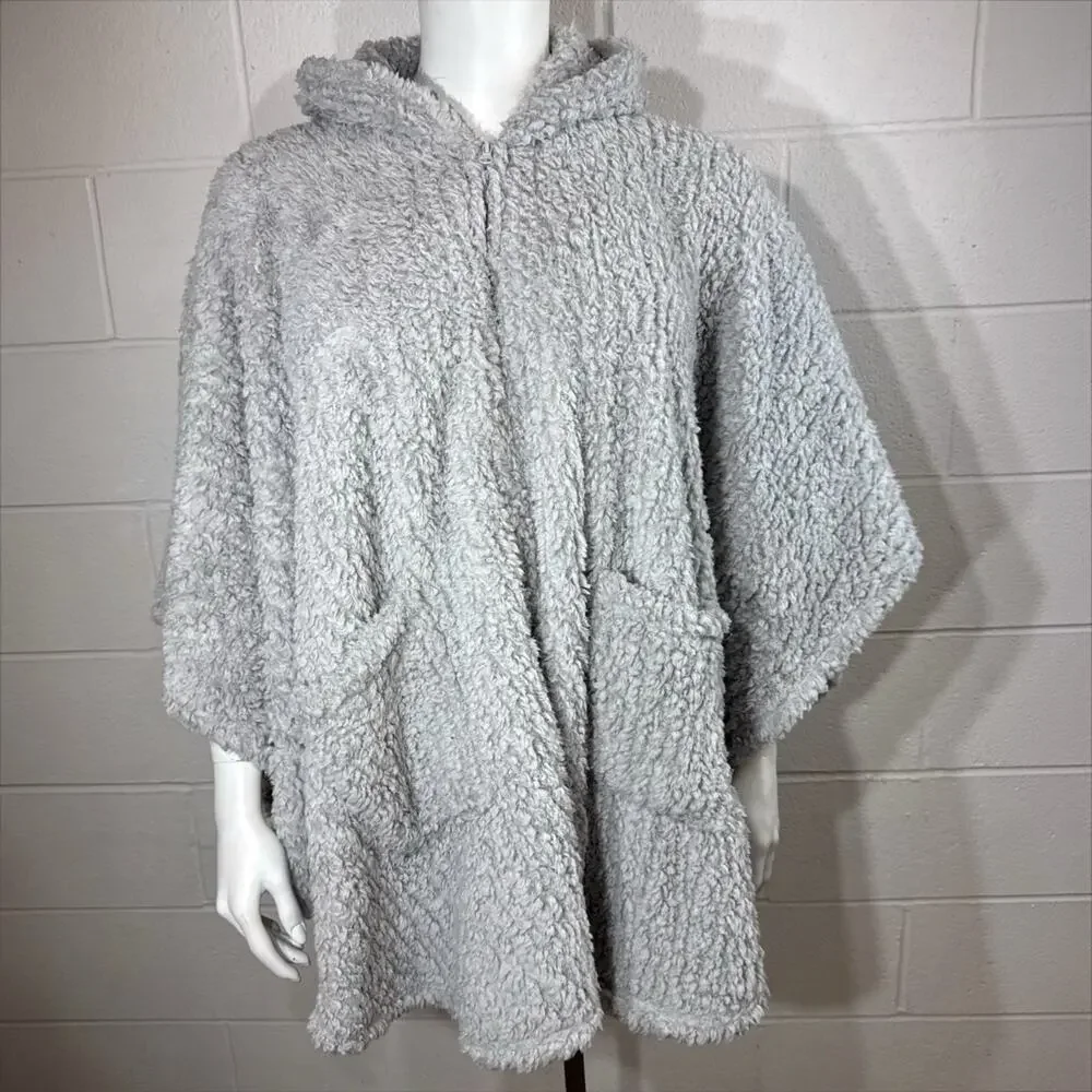 Warm & Cozy Faux Sherpa Hooded Poncho Gray Oversized Wearable Blanket